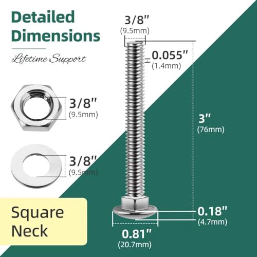 Image of (6 Sets) 3 /8-16 x 3 Carriage Bolts with Nuts and Washers, 304 Stainless Steel Round Head Square Neck 3 /8 Carriage Bolts Screws, Full Thread for Outdoor