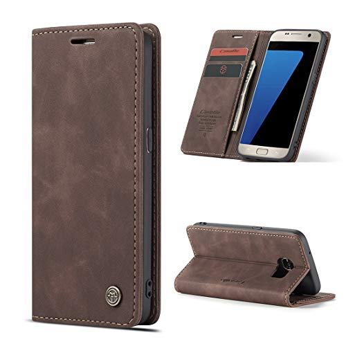 yanzi Funda para Samsung Galaxy S7 Funda Carcasa Silicone Case Samsung Galaxy S7 Funda Protectora Café móvil Cover Libro Caso Cubierta Magnética Billetera Cuero PU S7 Carcasa
