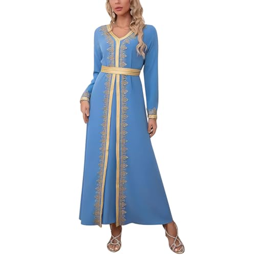 FYMNSI Womens Muslim Dress with Belted Abaya Lace V Neck Long Sleeve Modest Abayas Ladies Prayer Clothes Middle East Kaftan Dubai Loose Maxi Robe Arabian Outfit Islamic Ramadan Dresses Ice Blue L