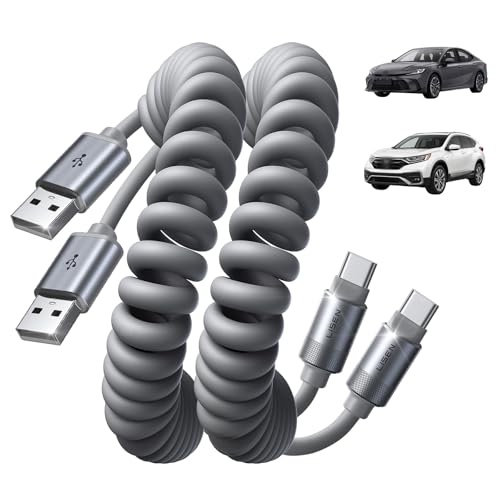 LISEN Coiled USB C Cable, Durable Short USB A to USB C Cable 2 Pack for Android Auto & CarPlay Cable, Short Type C Retractable Car Charger Cord for iPhone 17/16/15 Samsung Galaxy S25/S24 A15, Gray 4FT