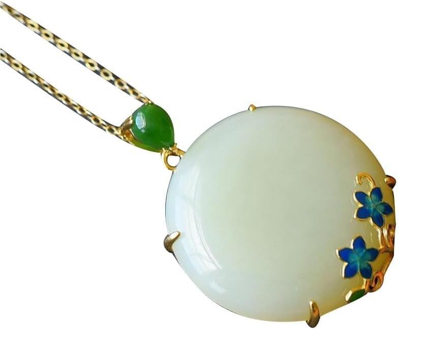 Collier en jade hétien naturel et argent S925 doré avec pendentif fleur