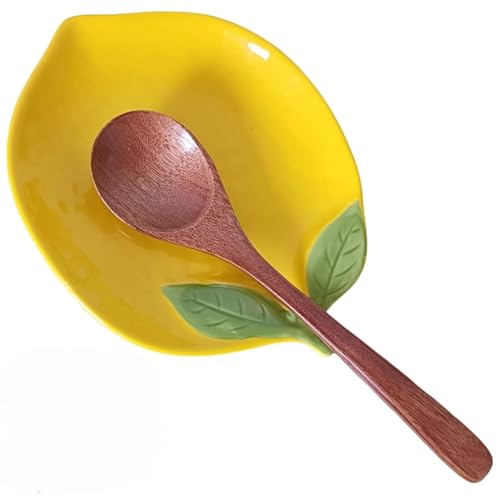 Reposa Cucharas Cocina de Cerámica con Forma de Limón,Apoya Cucharas Decorativo con Hojas Verdes,Soporte de Cuchara para Cocina o Servicio de Té,Soporte de Accesorios de Cerámica,Apto para lavavajilla