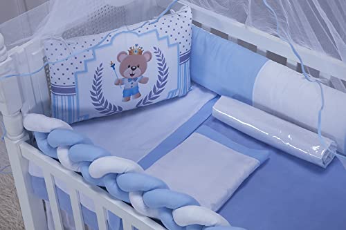 Kit Protetor de Berço Sublimado Trança Menino Urso Majestade Azul Bebê Com Saia 10 Peças