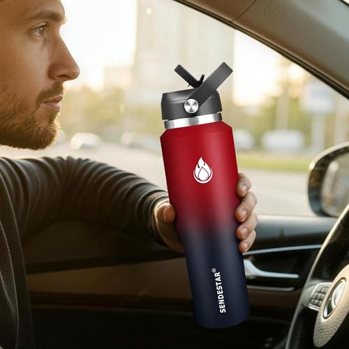 Image of SENDESTAR 40oz Water Bottle Wide Mouth Stainless Steel Vacuum Insulated Double Wall with 2 Straw Lids Fit in Any Car Cup Holder