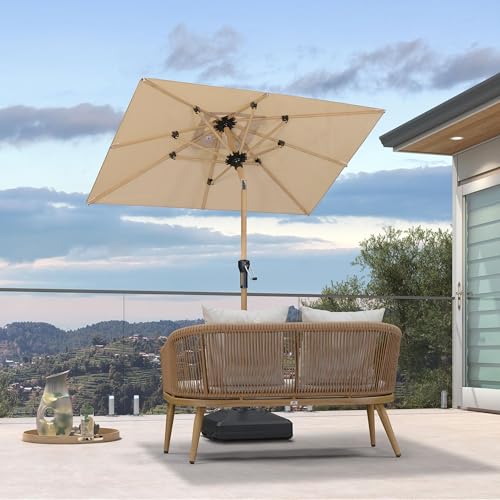 Image of PURPLE LEAF Patio Umbrella with Base 4' x 6' Table Wood-Grain Finish, Beige