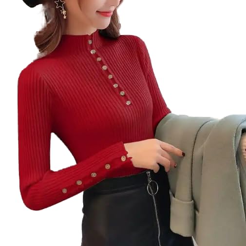 GenericWomen Fashion Korean Style Long Sleeved Knitted Elegant Bloue for Winter with Center Chic Buttons (ONE-SIZE)