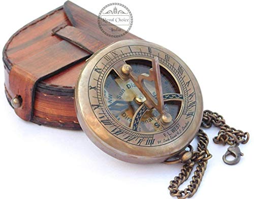 Yaman antieke messing zonnewijzer kompas met lederen behuizing en ketting - Push open kompas
