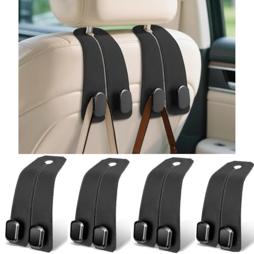 Image of 4Pcs Car Hooks for Headrest, Seat Back Storage Hook Luxurious Leather Multifunctional Car Hanger & Holder for Heatrest, Seat, Bag, Purse Black (Pack of 4)