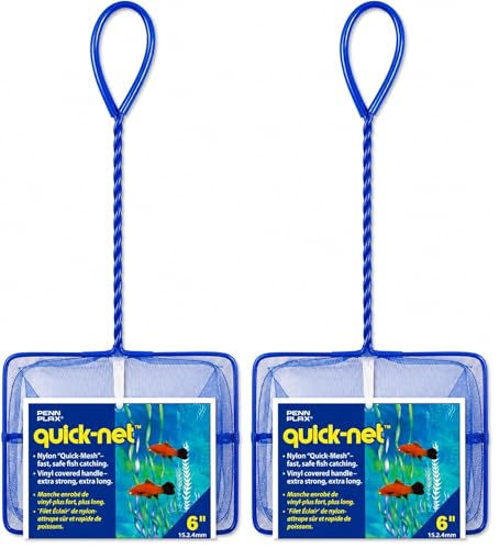 Image of PENN-PLAX Quick-Net Aquarium Fish Net - Durable, Strong, and Safe - Color May Vary (Blue or Green) - 6 inch x 5 inch Net - 10 inch Handle (Pack of 2)