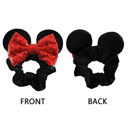 4 Pcs Minnie Mouse Ears Mickey Ears Velvet Scrunchies Sequin Bows Hair Bands Ponytail Hair Ties Hair Accessories for Women Girls Adult Kids - Thumbnail 4