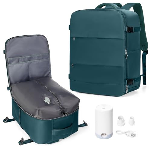 UPPACK Mochila de viagem a vácuo para mulheres e homens, grande, bagagem aprovada por voo, item pessoal bolsa de viagem essencial com sistema de vácuo, bolsa de separação úmida e seca azul pavão sem