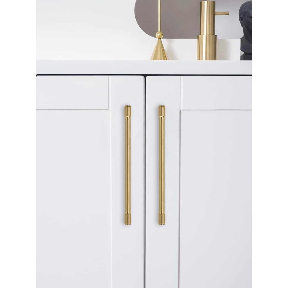 Jasper - Paquete de 10 tiradores dorados para gabinete, centro de agujero de 10 pulgadas, tiradores modernos para cajones de cocina, cajones de baño, tiradores de latón cepillado para puerta de