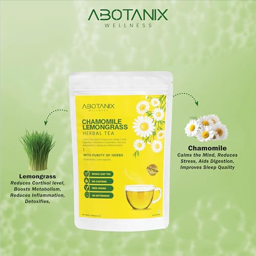 Image of ABOTANIX Chamomile Lemongrass Herbal Tea 75g ( 40 Cups ), Premium Loose Leaves, Improves Sleep & Relaxation, Reduces Stress & Anxiety, Boosts Metabolism, Aids Digestion, Antioxidants-Rich, Caffeine Free, No Sugar