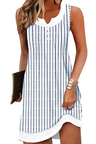 ETCYY Beach Dresses for Women 2026 Vacation Swimsuit Coverup School Teacher Summer Dress Button Down Sleeveless Boho Sundress,Striped Navy,Medium