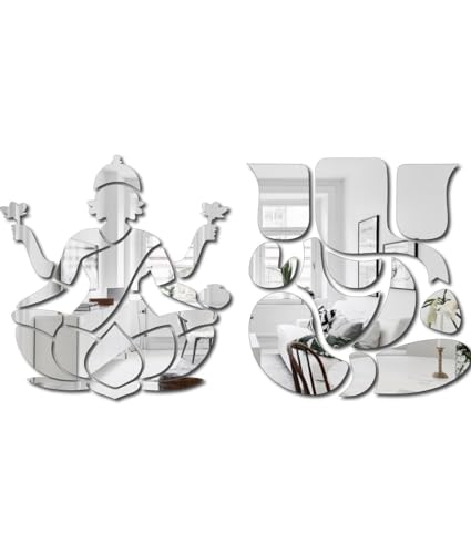 Image of Laxmi Ganesha Silver (Pack of Set 2) Mirror Stickers for Wall Acrylic Mirror Wall Decor Sticker Wall Mirror Stickers Acrylic Stickers Lotus Wall Stickers for Hall Room Bed Room