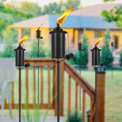 FAN-Torches Home Garden Torch Set of 4, 16oz Outdoor Metal Torch Garden Décor,59-Inch Upgraded Citronella Torches with 3-Prong Grounded Stake, Metal Light Torches for Party Patio Pathway