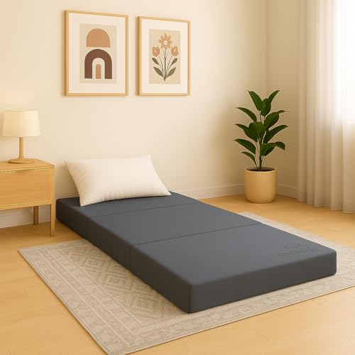 Emirates Living Tri-Fold Mattress with Knitted Fabric Cover|Portable & Lightweight Foldable Bed | Medium Firm Support |Guest Travel & Camping Use | Soft & Breathable Foam Mattress (90x180x10cm)|Grey