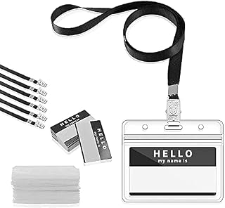 Gimars 50pcs Lanyard with Card Holder, Transparent Waterproof Work Pass ID Card Name Badge Holders Tags 50pcs Black Neck Strap with Metal Clip & 50pcs Nameplates for Staff, Students,Conference,Office
