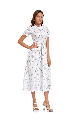 Image of RIHOAS Plaid Gingham Midi Dress Short Sleeve Smocked Dresses for Women | Cotton,Ruffle Puff Sleeves,Vintage Brown,Spring Summer Casual Daily,Picnic,Travel,Vacation,Christmas Festive Occasions