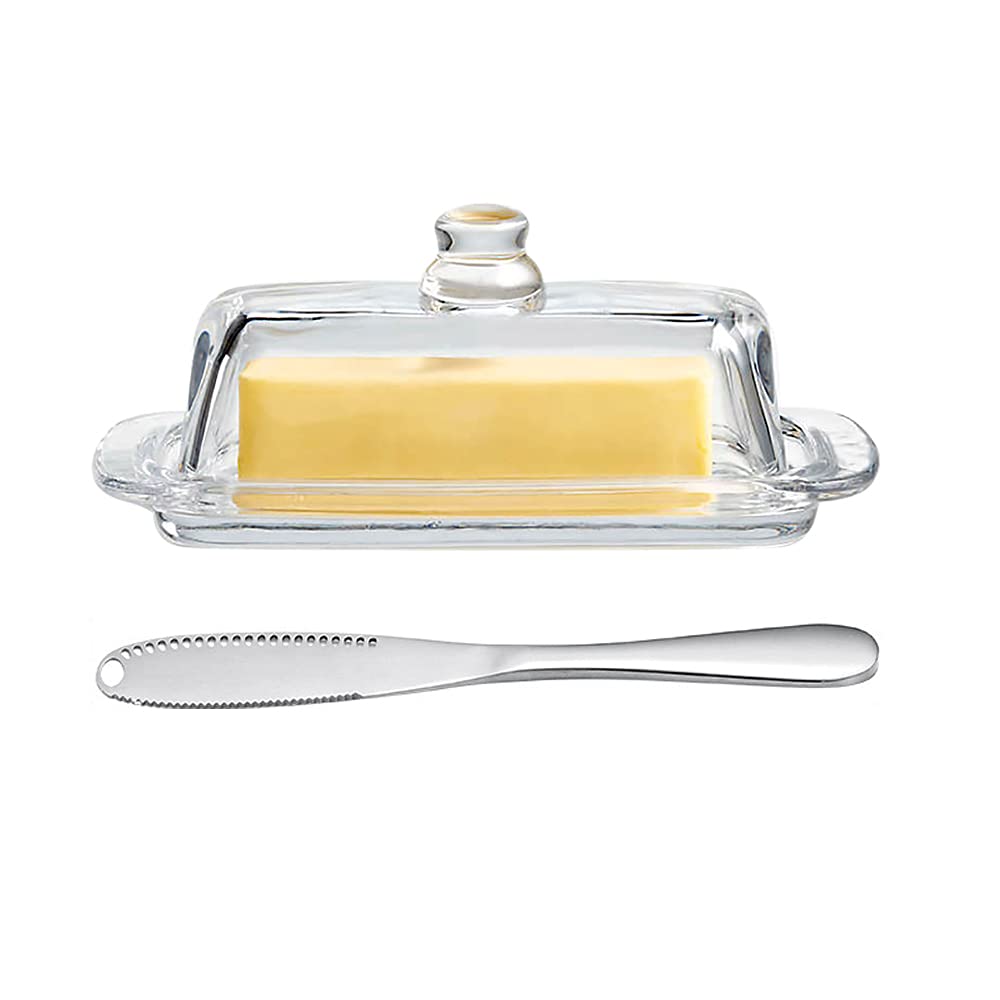 Glass Butter Dish with Lid Clear Butter Dish with Handle, Kitchen Cheese Dish Butter Keeper Container Classic Butter Tray Accessory of Butter Dish, with Stainless Steel Butter Spreader Knife
