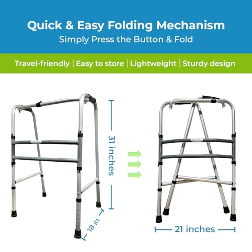 Image of EverActiv Mild Steel Height Adjustable Double Bar Folding Walker for Adults & Seniors | Grey Finish | Non-Slip Handles | Adjustable Legs | Heavy-Duty Frame