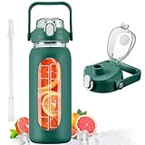 kytffu Botellas de agua de vidrio de 56 onzas con popote, botella de vidrio motivacional con funda de silicona y marcador de tiempo, jarra de agua de vidrio grande a prueba de fugas para gimnasio,