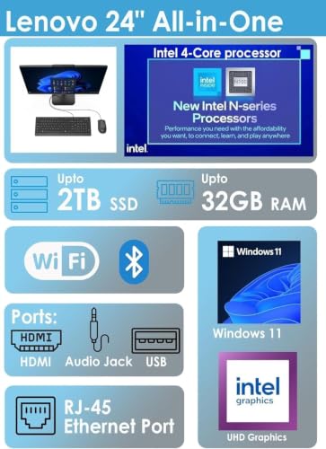 Image of Lenovo 24 inch IPS FHD All-in-One Desktop Computer with Office 365 for The Web, Intel N100 Quad-Core CPU, 16GB DDR4 RAM, 1TB SSD, WiFi 6, Bluetooth 5.2, Intel UHD Graphics, KB & Mouse