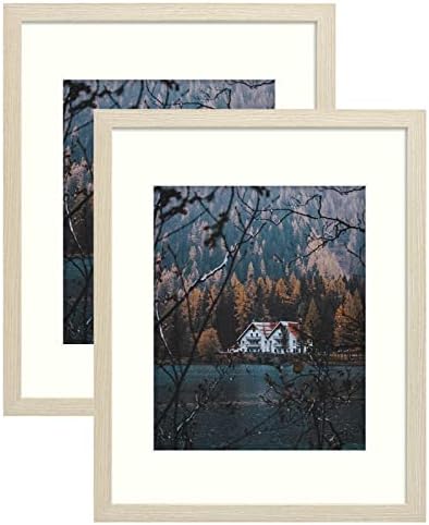 Frametory, 11x14 Picture Frame with Mat for 8x10 Photo - Country Rustic Style - High Definition Glass Wide Molding - Preinstalled Wall Mounting Hardware (Rustic Beige, 2 Pack)