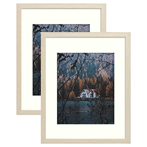 Frametory, 11X14 Picture Frame With Mat For 8X10 Photo - Country Rustic Style - High Definition Glass Wide Molding - Preinstalled Wall Mounting Hardware (Rustic Beige, 2 Pack) #TOP18