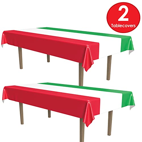 Image of Beistle International Tablecovers, 54 inch x 108 inch, 2 Pieces - Plastic Table Cloth, Rectangular Tablecloth, Italian Decorations, Mexican Tablecloth, Cinco De Mayo Decorations,Red /White /Green