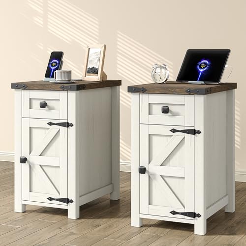 Furnihold 13.8W Farmhouse Nightstand Set of 2 with Charging Station, Narrow End Table with Drawer Storage & Barn Door, Wood Living Room Side Table, for Bedroom, Antique White