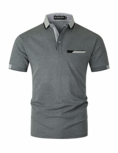 KUNJLELP Men's Regular-Fit Cotton Short Sleeve Polo Shirt Casual Golf Polos,Grey,XXXL