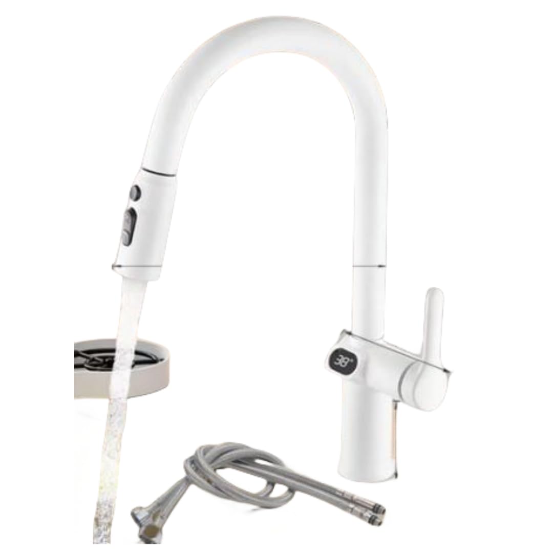 Robinet de cuisine blanc avec douchette extractible et mitigeur en acier inox