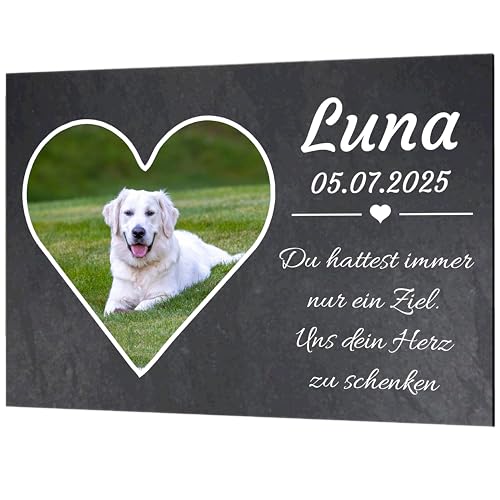 Personalisierte Grabplatte Haustier aus Alu-Verbund – Foto in Herz/Kreis/Rechteck, Name • Datum • Spruch – wetterfest & UV-beständig – Größen DIN A6 bis DIN A2 – Grabschmuck für Hund/Katze