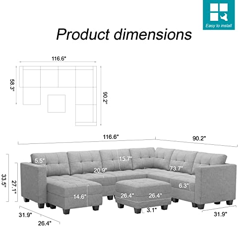 Belffin Convertible Modular Sectional Sofa Couch With Storage Seat L Shaped 4-Seat Sofa Couch With Reversible Chaise Modular Sectional Fabric Light Grey #TOP1