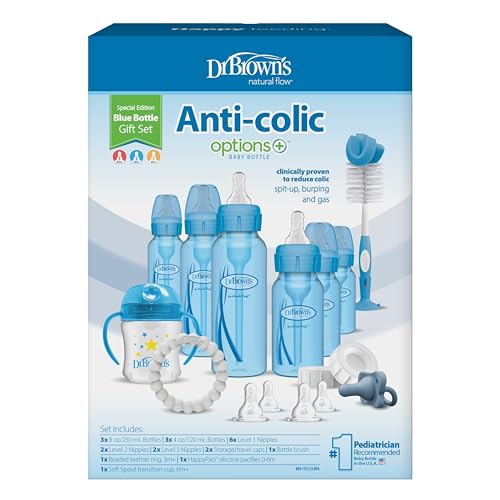 Image of Dr. Brown's Natural Flow Anti-Colic Options+ Special Edition Blue Baby Bottle Gift Set with Soft Sippy Spout Transition Cup, Flexees Teether, Bottle Cleaning Brush and Travel Caps