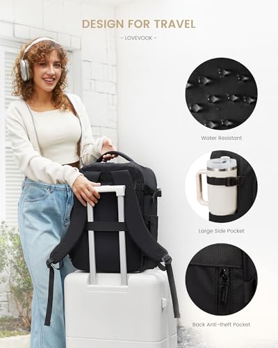 LOVEVOOK Handgepäck Rucksack Flugzeug, 40L Groß Reiserucksack Herren Damen Laptop Rucksack 17 Zoll, Wasserdicht Travel Backpack Carry On Luggage, Business Cabin Bag für Reise Arbeit Urlaub, Schwarz