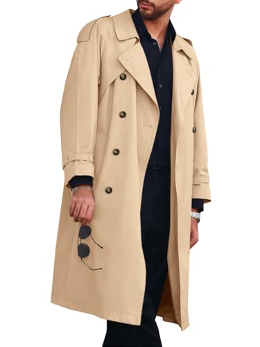 Runcati Mens Trench Coat Double Breasted Long Jacket Casual Windbreaker Notched Lapel Belted Overcoat