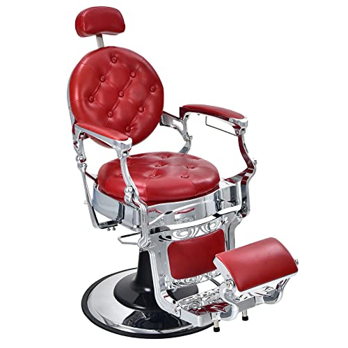 Giantex Vintage Barber Salon Chair, 360 Swivel Reclining, Heavy Duty Hydraulic Pump, Height Adjustable, Rotated Footrest, Makeup Hair Salon Chairs for Hair Stylist (Red)