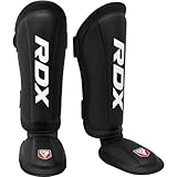RDX Shin Gear キックボクシング ムエタイ、SATRA SMMAF 承認済み、プレミアム マヤ皮革、脚の甲保護パッド、MMA 格闘技キック スパーリング トレーニング ギア、BJJ 空手ボクシング テコンドー、ブラック