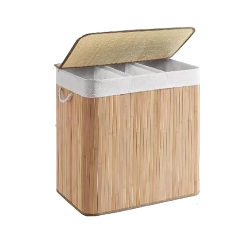 UUE Bamboo Laundry Basket, Laundry Basket with Lid, 150 L, 3 Compartments, Carry Handle, Laundry Bag, Natural Bamboo Look for Laundry Room, Bedroom