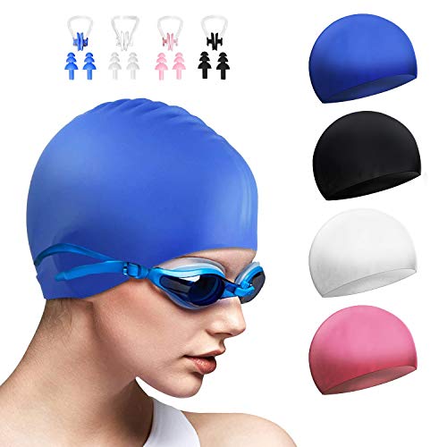 DECYOOL 4 Sets Silicone Swim Cap,Waterproof Swimming Cap with Silicone Nose Clip
