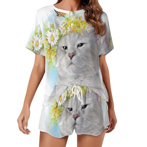Ensemble de pyjama pour femme manches courtes vêtements de nuit été sleepwear chat fleurs