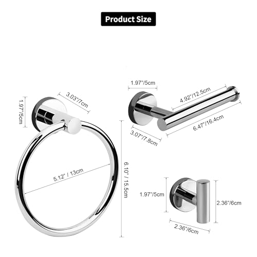 4-Piece Polished Chrome Bathroom Hardware Set - Toilet Paper Holder and Hand Towel Holder, Towel Ring Wall Mounted, Stainless Steel Accessories Set - Silver