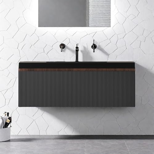 Image of Wall Mounted Bathroom Sink Vanity, Modern 36 inch Floating Vanity with Resin Top Basin Sink and U-Shaped Soft-Close Storage Drawer, Striped Bathroom Storage Cabinet with Invisible Handle, Black