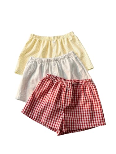 Image of MakeMeChic Women's 3 Pack Linen Shorts Gingham Striped Beach Shorts | Summer, Plaid, Cover Up Shorts