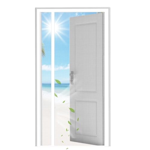 Reinforced Magnetic Screen Door 110x230cm Heavy Duty Mesh Curtain and Full Frame Hook and Loop, Dog Friendly, No Tools Required White
