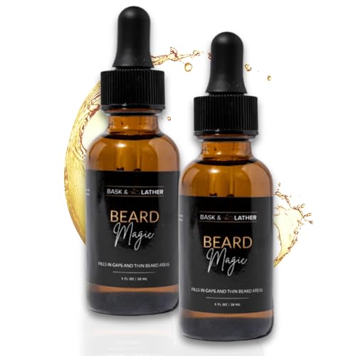 BASK & LATHER Beard Magic Growth Oil for Men Helps Stimulate Hair Growth and Softness Natural Beard Oil For Bald Spots and Patchy or Thin Beards Supports a Thicker Fuller Beard 1 fl oz 2PK