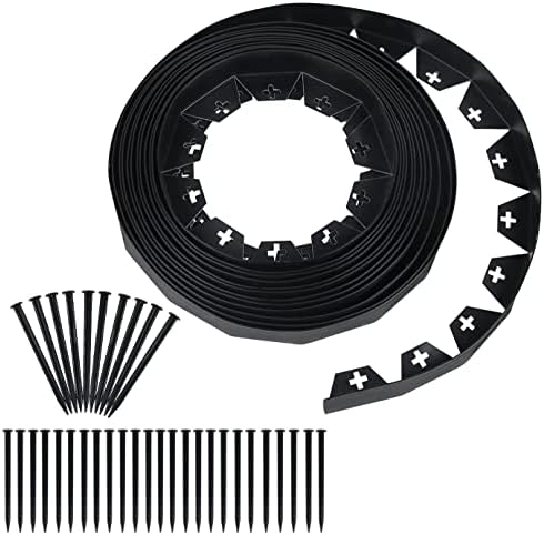 Worth Garden 30 ft. No Dig Landscape Edging (50PCS Spikes Included) Black Plastic Edging Roll Kit - 1.5'' Height Edge for Garden Lawn Border Driveway Path Divider - Easy to Install
