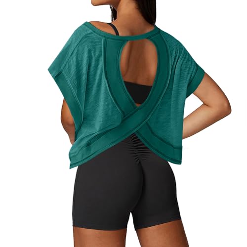 Image of UNIANKIYA Open Back Workout Tops for Women Loose Fit Athletic Crop Tee Short Sleeve Gym Running Yoga Shirt